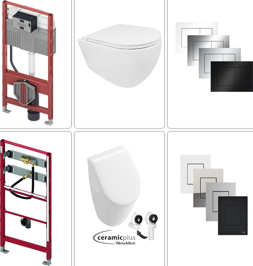 BB INFINITY Wand WC spülrandlos mit VILLEROY & BOCH SUBWAY Urinal CeramicPlus & TECE Zubehör schwarz matt