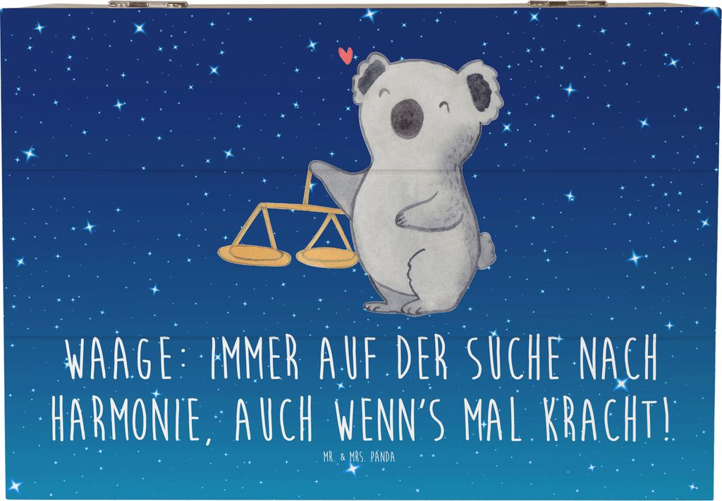 Mr. & Mrs. Panda Holztruhe Waagen Harmonie 22 x 15 cm - Sternenhimmel Blau - Geschenk, Geschenke Astrologie, fotobox, Vermittler, Waage, Schatzkist...