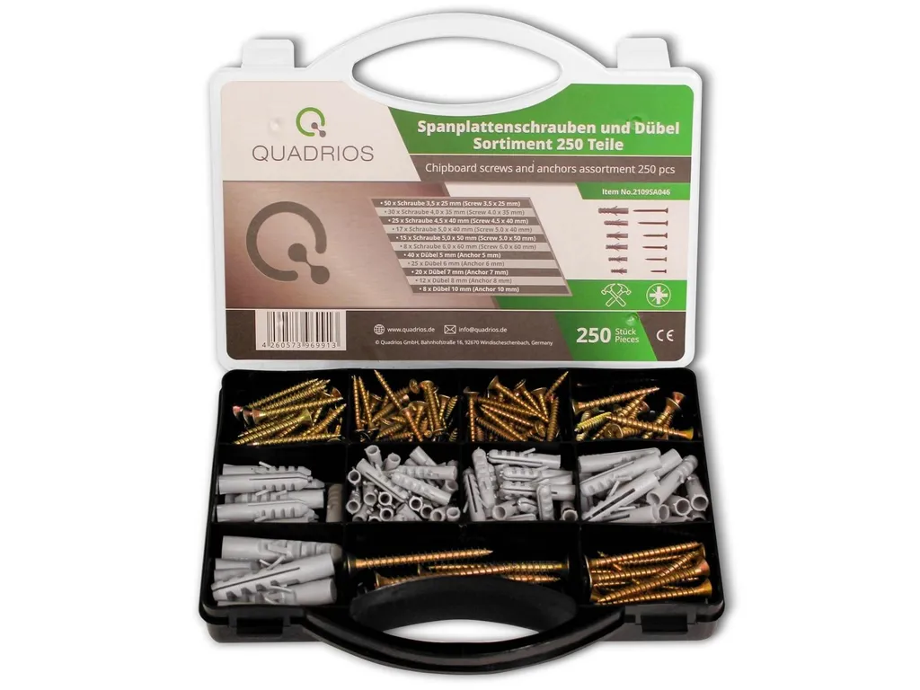 Assortiment de 250 Vis avec Chevilles pour Travaux de Fixation Murale