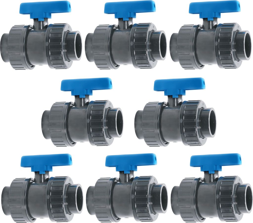 HAF 8x PVC 2 Wege Kugelhahn Blauer Griff mit 63mm | Klebemuffe x Klebemuffe | Absperrhahn aus grauem PVC-U | PN16 für PVC Verrohrung, Pool & Teich