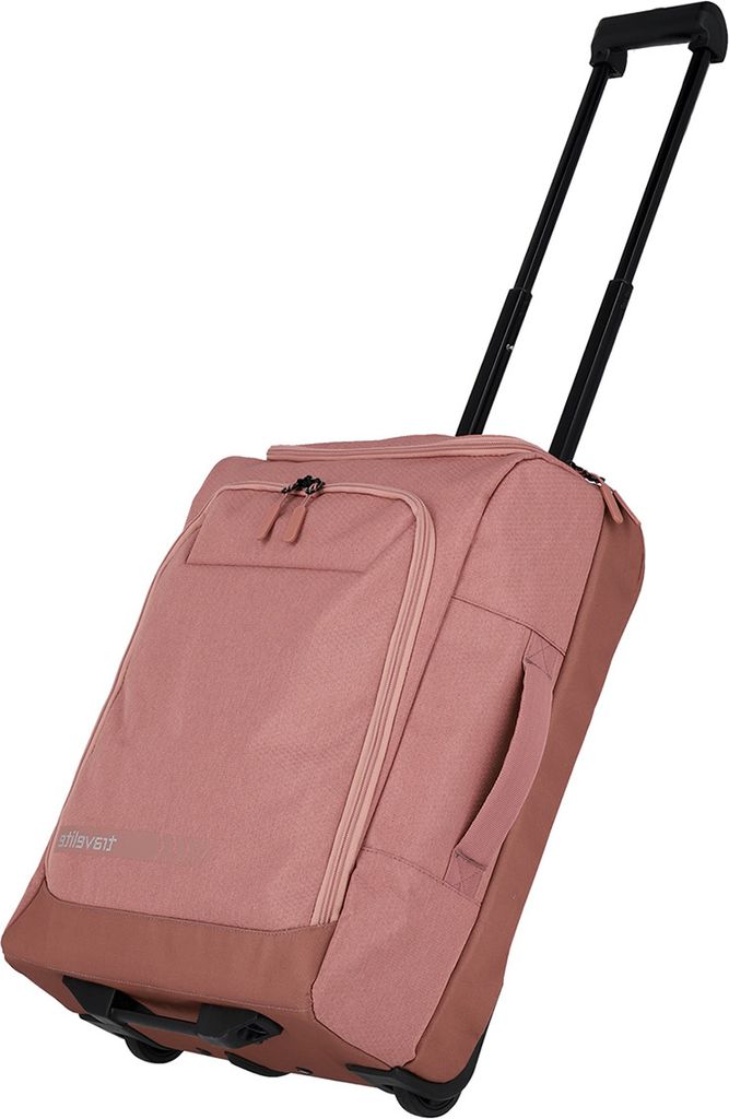 A pink rolling suitcase is shown against a white background.