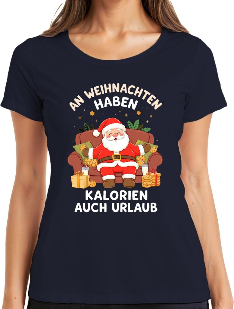 Kalorien haben Urlaub Weihnachtsmann Kekse Weihnachten lustig Damen T-Shirt, Navy, XXL