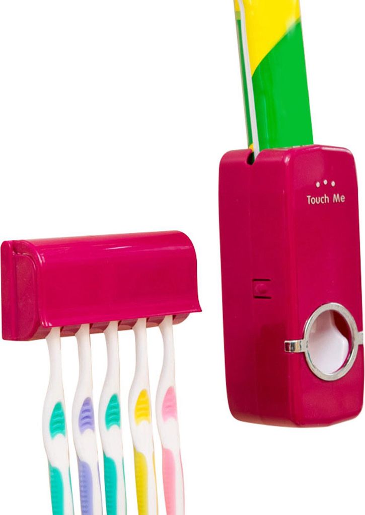 Automatischer Zahnpastaspender Set Hängend 5 Zahnbürsten Zahnpastaquetsche mit staubdichter Zahnbürstenhalterung für Zuhause Rot