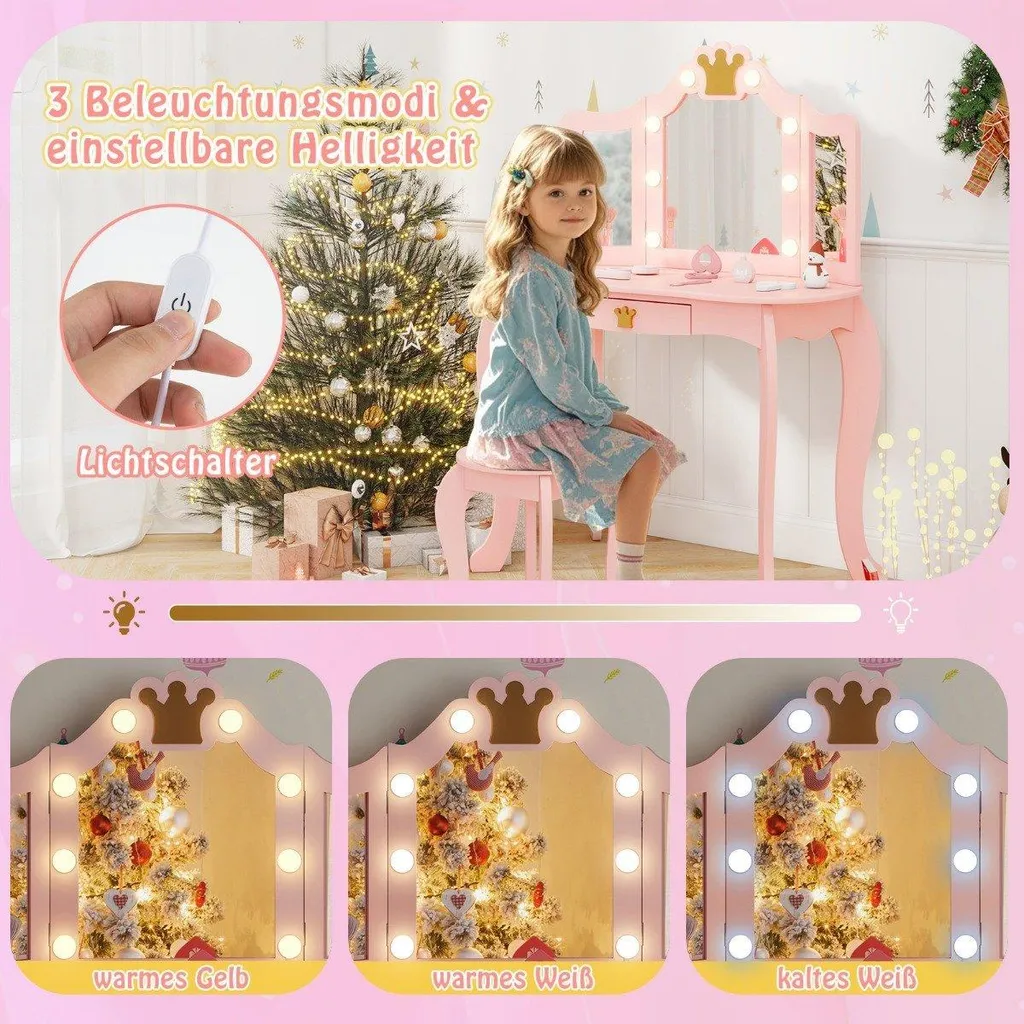 Table de maquillage fille avec miroir triptyque et lumières intégrées - 4