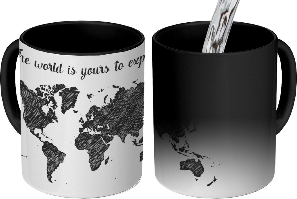 MuchoWow Zauber Tasse Zaubertasse Magic Weltkarte - Schwarz - Zitat 350 ml Farbwechsel Becher Geschenk Geschenkidee - Magic-Tasse - Fototasse - K...