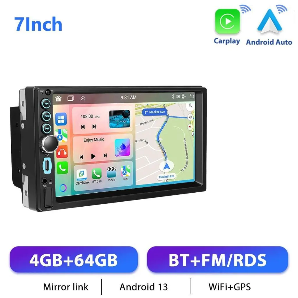 Autoradio Android Double DIN 4Go 64Go avec CarPlay Sans Fil et Écran 7"