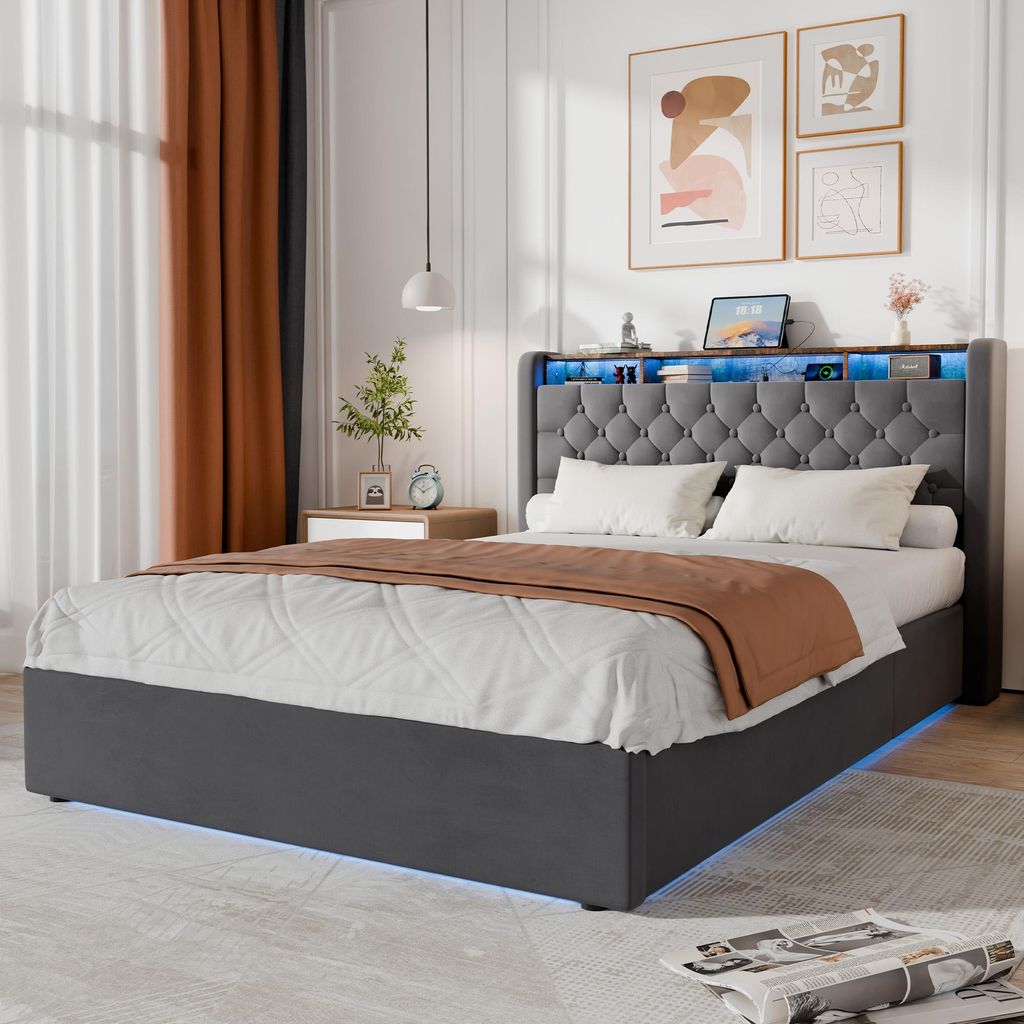 STILVORA Polsterbett 140×200 cm mit Bettkasten & LED, Jugendbett mit Stauraum, Steckdose & klappbarem Kopfteil, Samt Bettgestell aus Metall & Holz...