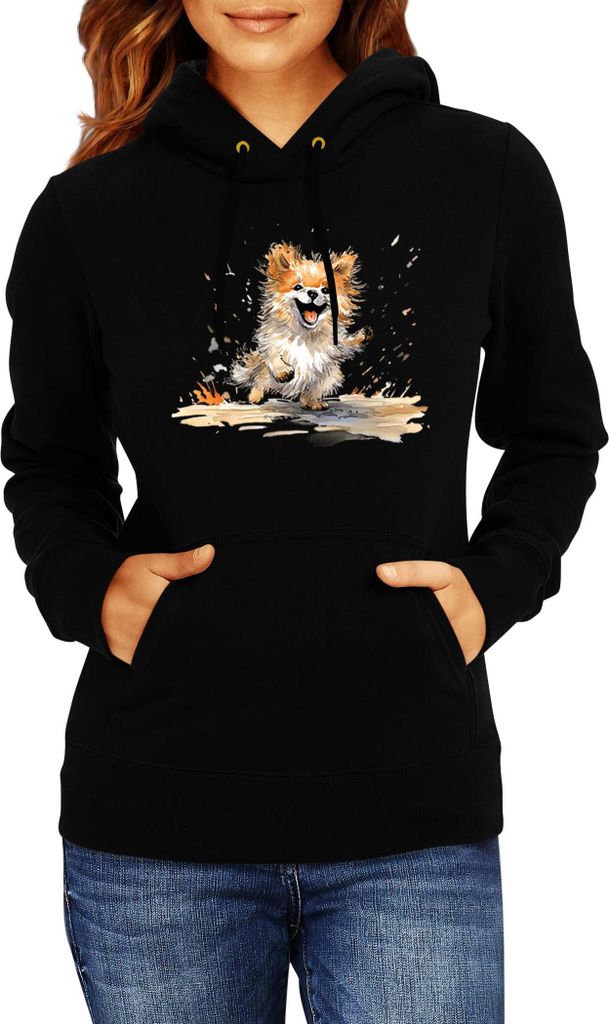 Damen Kapuzenpullover Funny Dogs Breeds Pomeranian Dog Breed, Lady 2XL / Schwarz