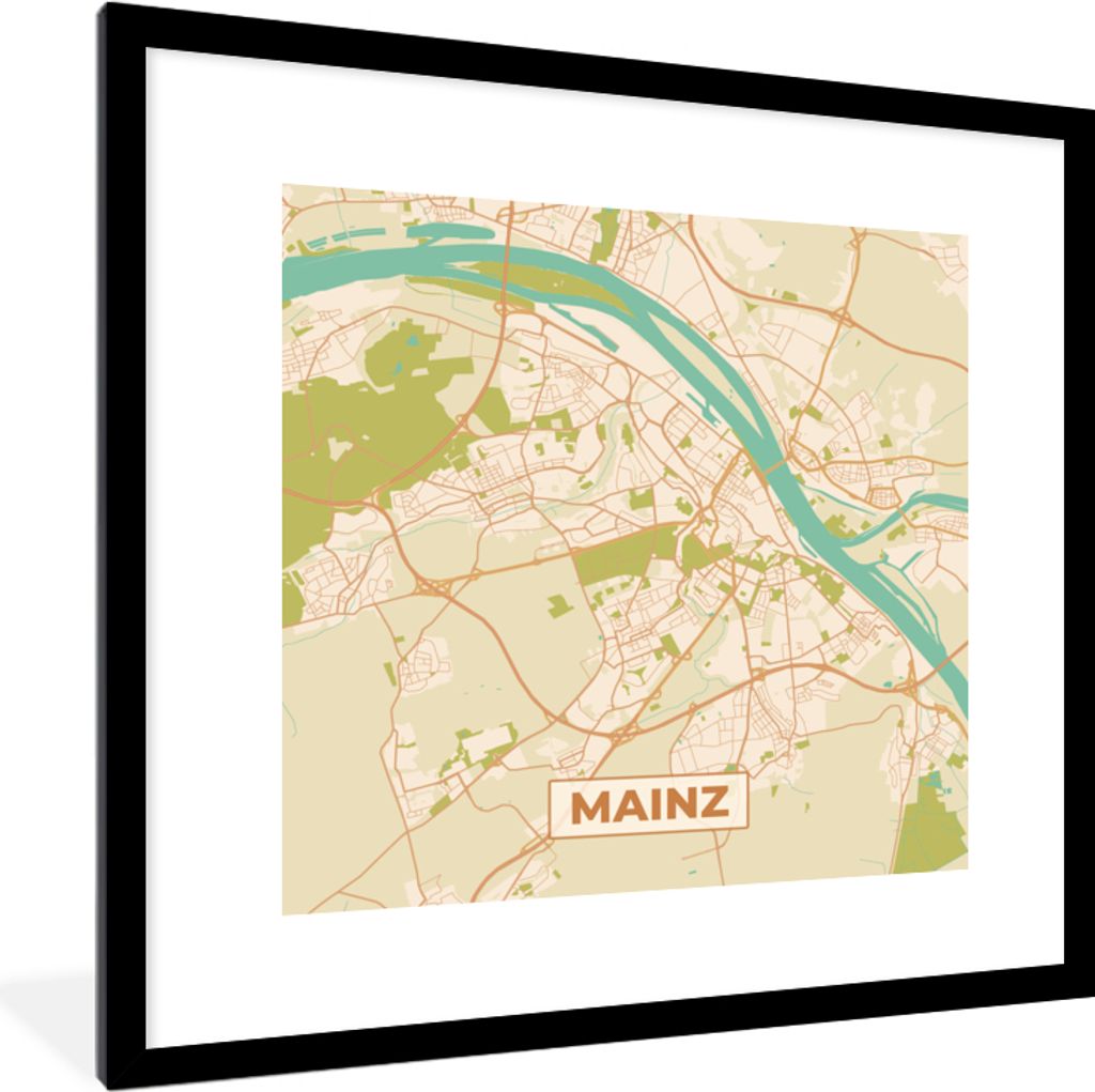 MuchoWow Gerahmtes Poster Stadtplan - Mainz - Vintage - Stadtplan 40x40 cm - Poster mit Schwarzem Bilderrahmen Wandposter Rahmen Foto Bilder - Po...