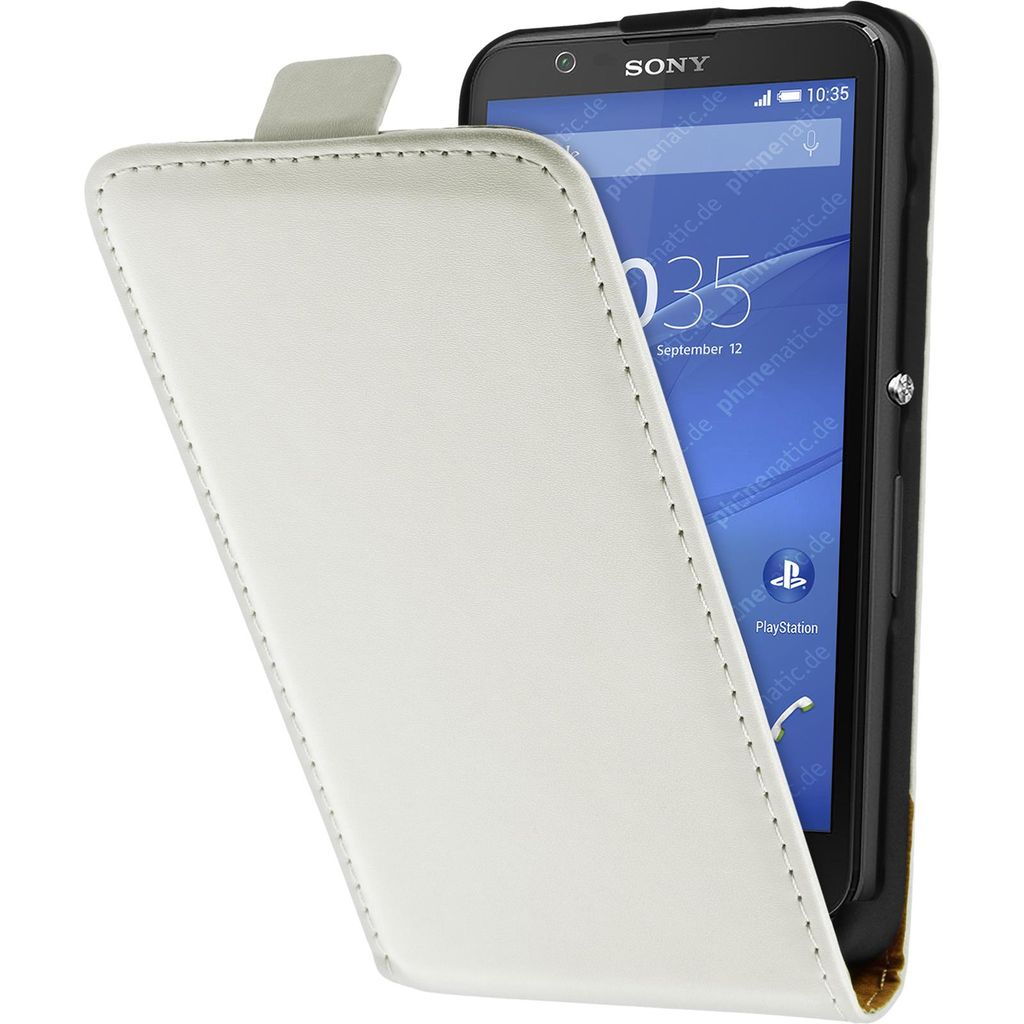 PhoneNatic Kunst-Lederhülle kompatibel mit Sony Xperia E4 - Flip-Case weiß + 2 Schutzfolien