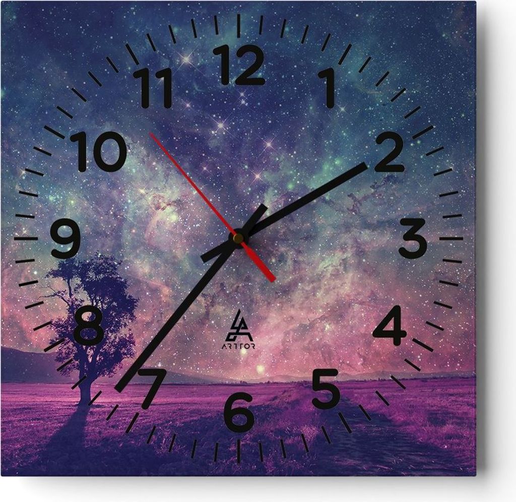Wanduhr - Quadrat - Glasuhr - Kosmos Baum Wiese - 30x30cm - Produktbild 