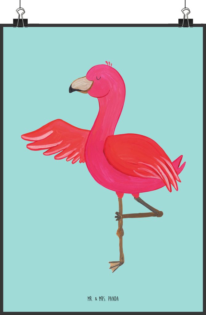 Mr. & Mrs. Panda Bild Flamingo Yoga DIN A2 - Türkis Pastell - Geschenk, Urlaub, Yogi, wanddeko, drucke, Rosa, Achtsamkeit, Wandbild, Vogel, Wandde...