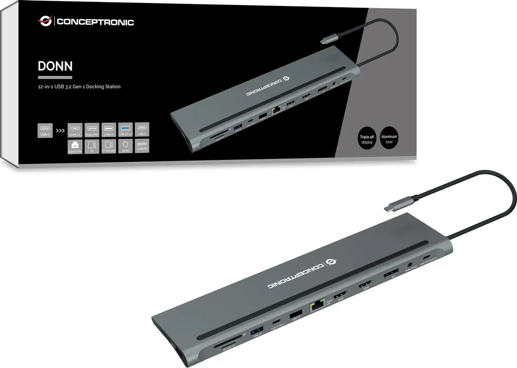 CONCEPTRONIC Dock USB-C vers HDMI DP GbE USB 3.0 PD 0.18m Gris Sidéral - 2