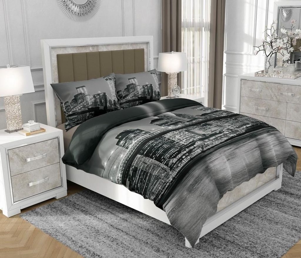 Bettwäsche 200x220 cm + 2x70x80 cm, 3-teilig, 100% Baumwolle, Satin, Reißverschluss, Architektur, Schwarz - SOVIO | So.0176