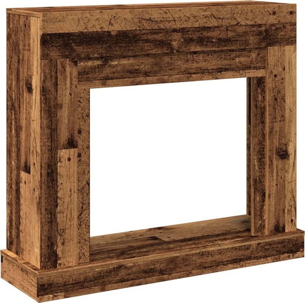 A wooden fireplace surround with an empty opening in the center, set against a white background.
