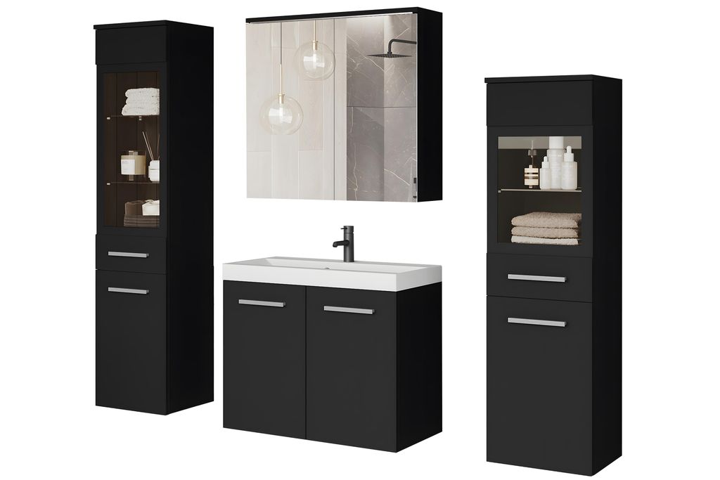 MINIO go for it, Badezimmermöbel, Set "Marit 2", ohne LED-Belechtung, Wandspiegelschrank, Schrank mit Waschbecken, Farbe: Schwarz matt