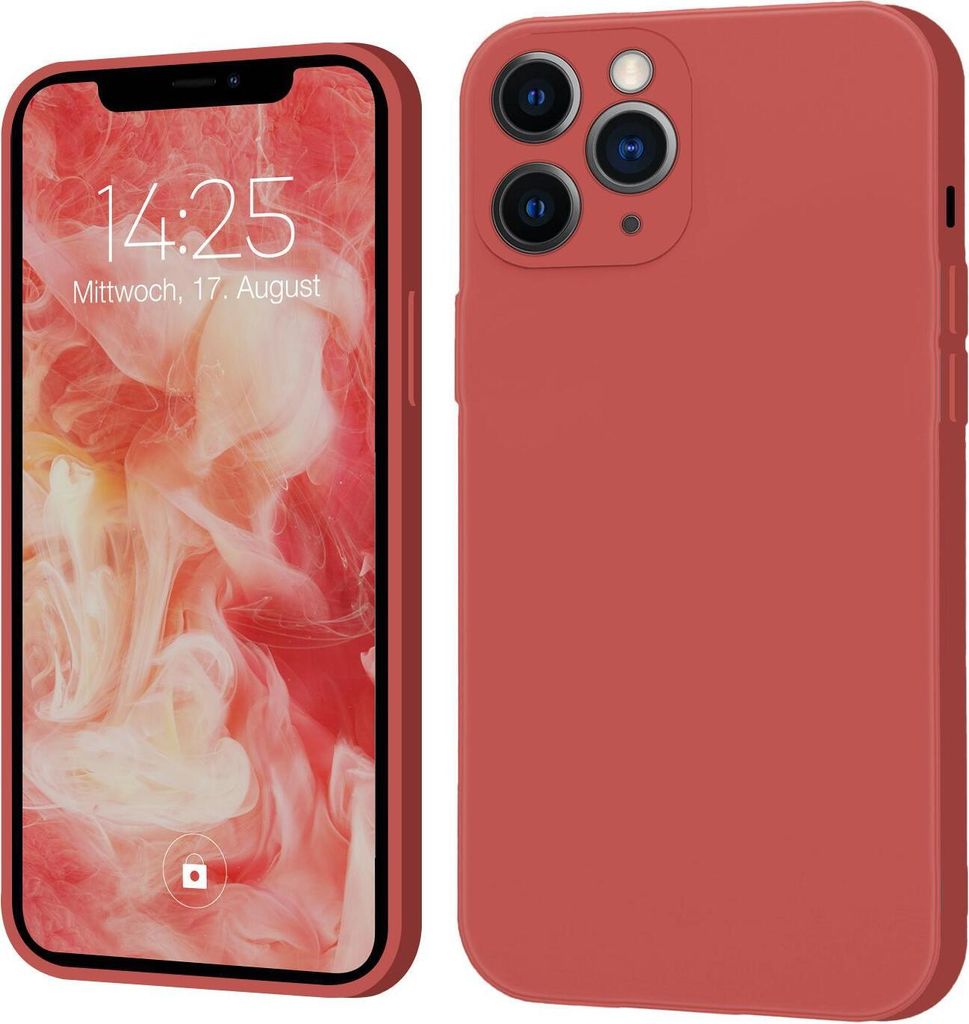 A product shot of a red iPhone case shown from the front and back, with the phone screen visible on the left.