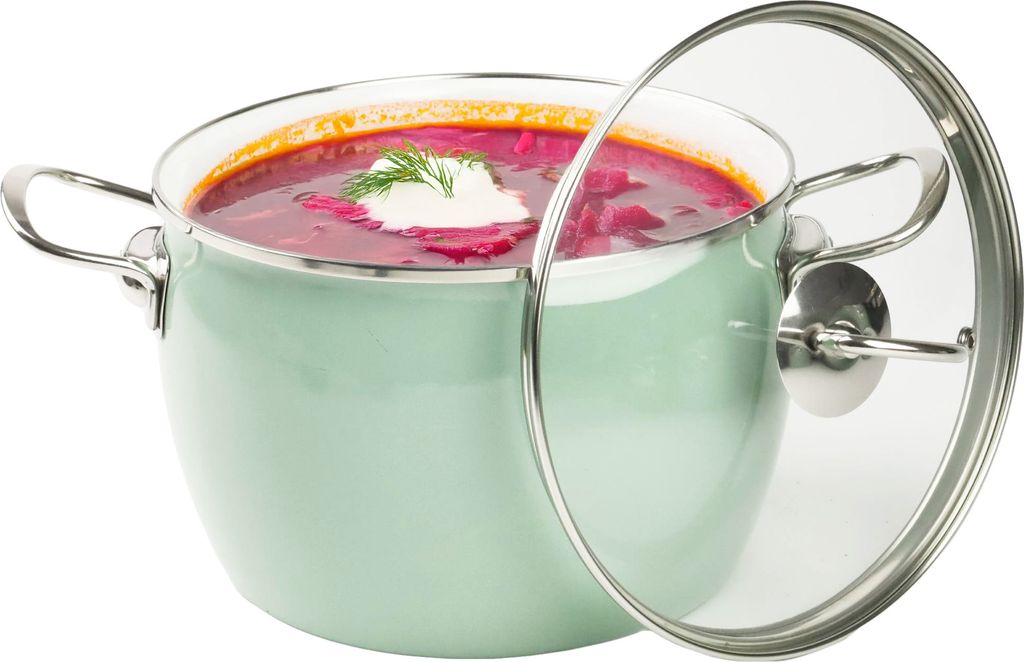A pot of borscht soup with a dollop of sour cream and dill, with the glass lid propped open.