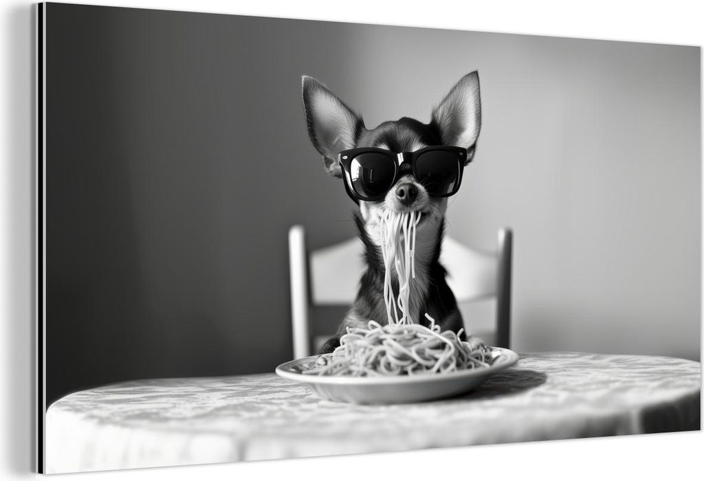 MuchoWow Wanddekoration Metall Metallbild Wandkunst 120x60 cm Chihuahua - Hund - Sonnenbrille - Humorvoll - Schwarz - Weiß - Spaghetti MuchoWow Al...