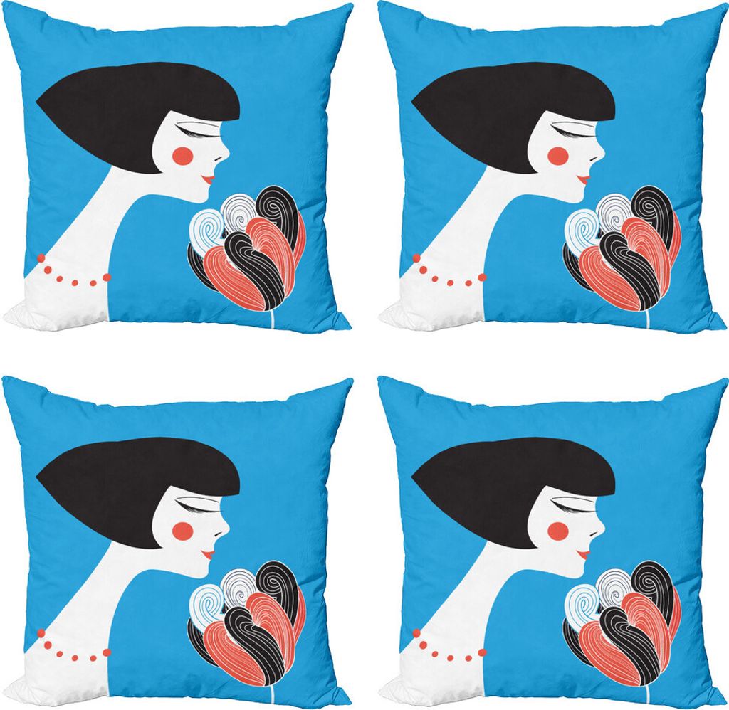 ABAKUHAUS Mode Kissenbezug Set (4 Stück), Mädchen mit einer Blume auf Blau, Moderner Doppelseitiger Digitaldruck, 40 cm x 40 cm, Schwarz Vermilio...