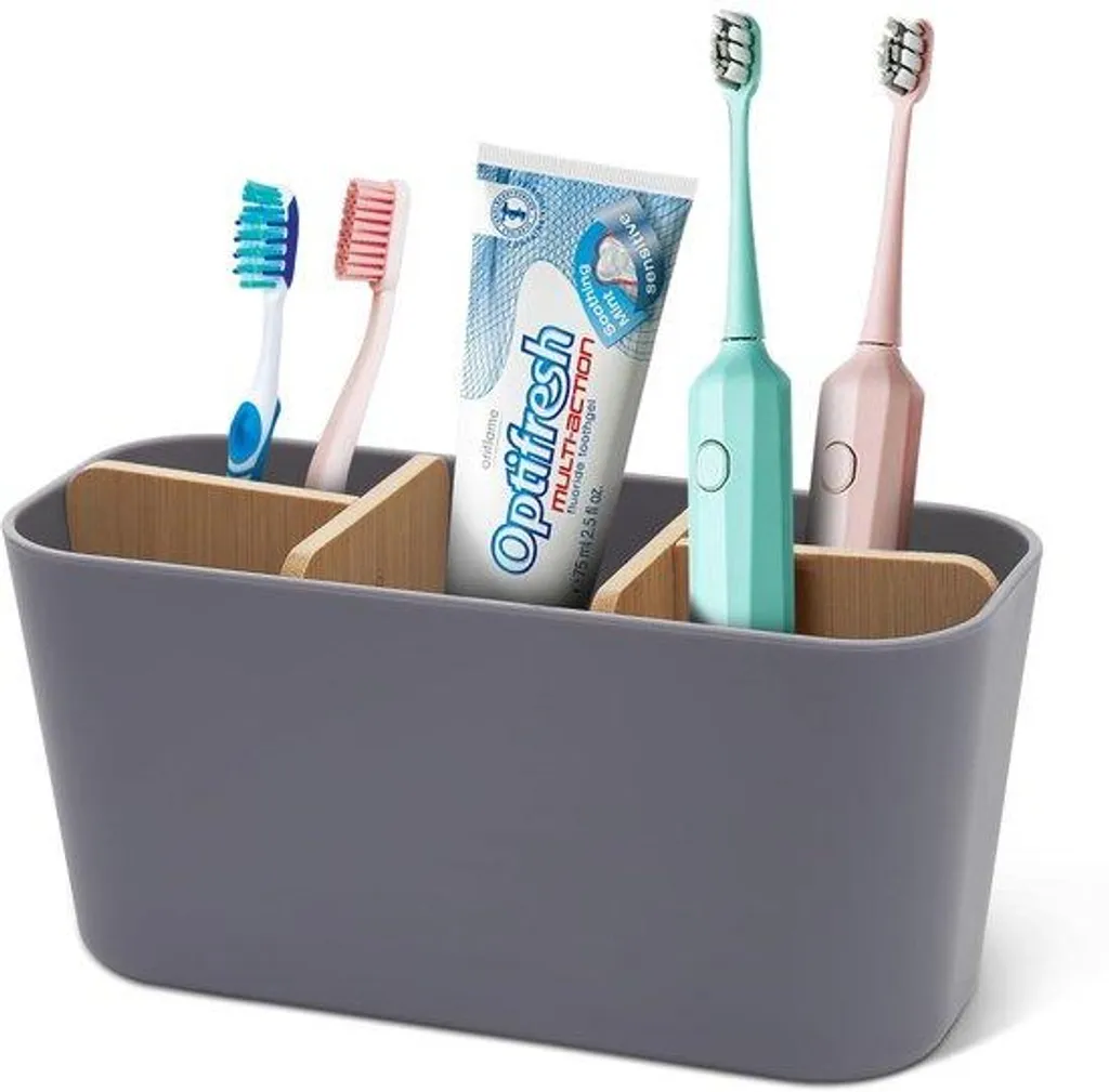 Organiseur de salle de bain gris et bois pour brosse à dents et soins