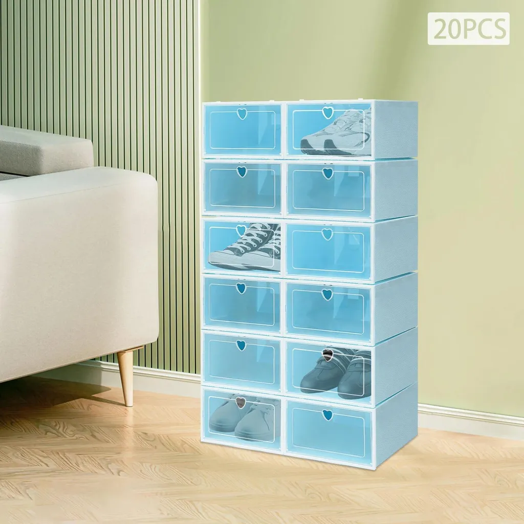 Organisateur de Dressing : 20 Boîtes de Rangement Chaussures Bleu PP/ABS