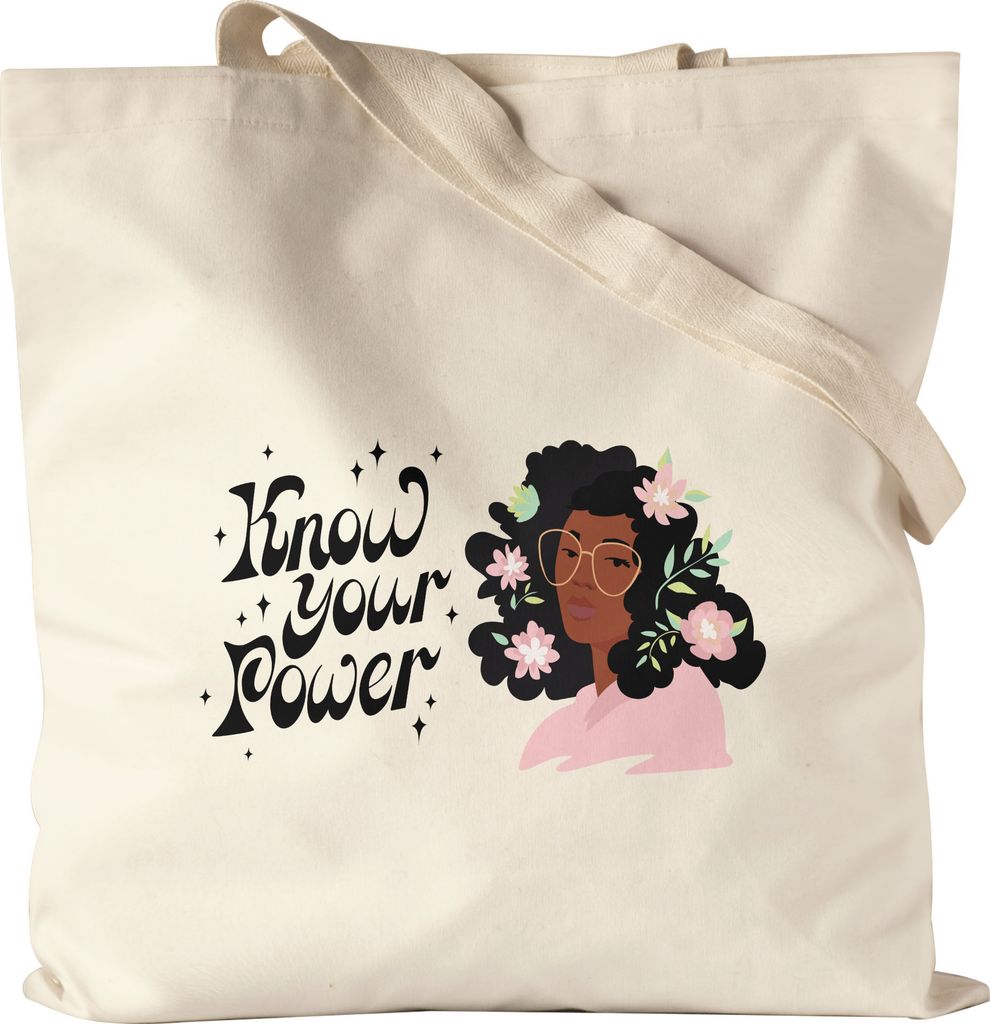 Know Your Power Jutebeutel Stoffbeutel Canvas Spruch Motiv Geschenk für Superheldinnen Frauenpower Frauentag Feminismus
