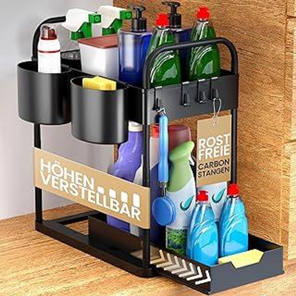HELDENWERK Unter Waschbecken Regal für Spülenunterschrank höhenverstellbar mit 2 Etagen in schwarz I Küchen Organizer Unterschrank Gewürzregal...