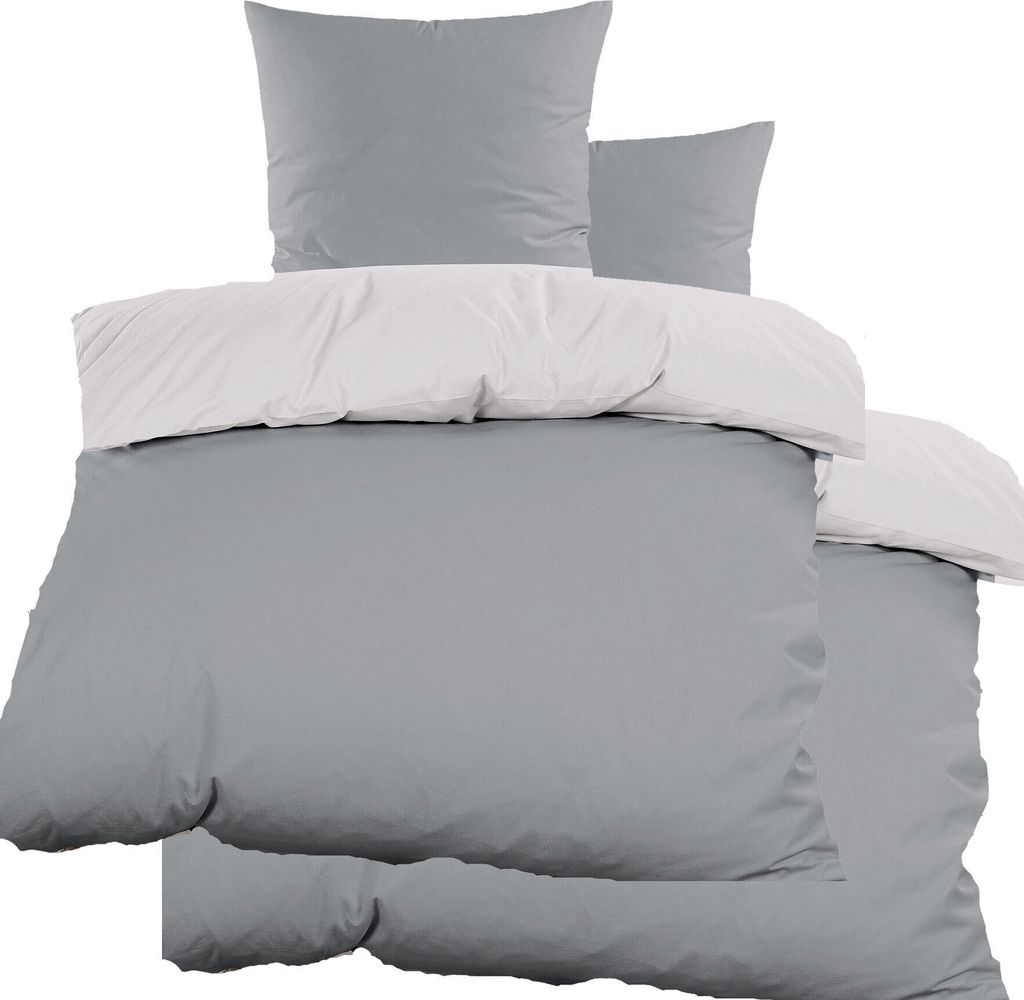 4-tlg. Wende Bettwäsche SATIN, 2x(135x200 + 80x80cm), grau silber, 100%Baumwolle, uni/einfarbig