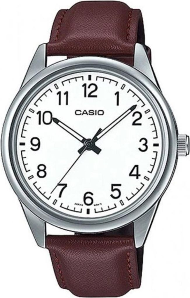 A close-up studio shot of a Casio watch with a white face and a brown leather strap.