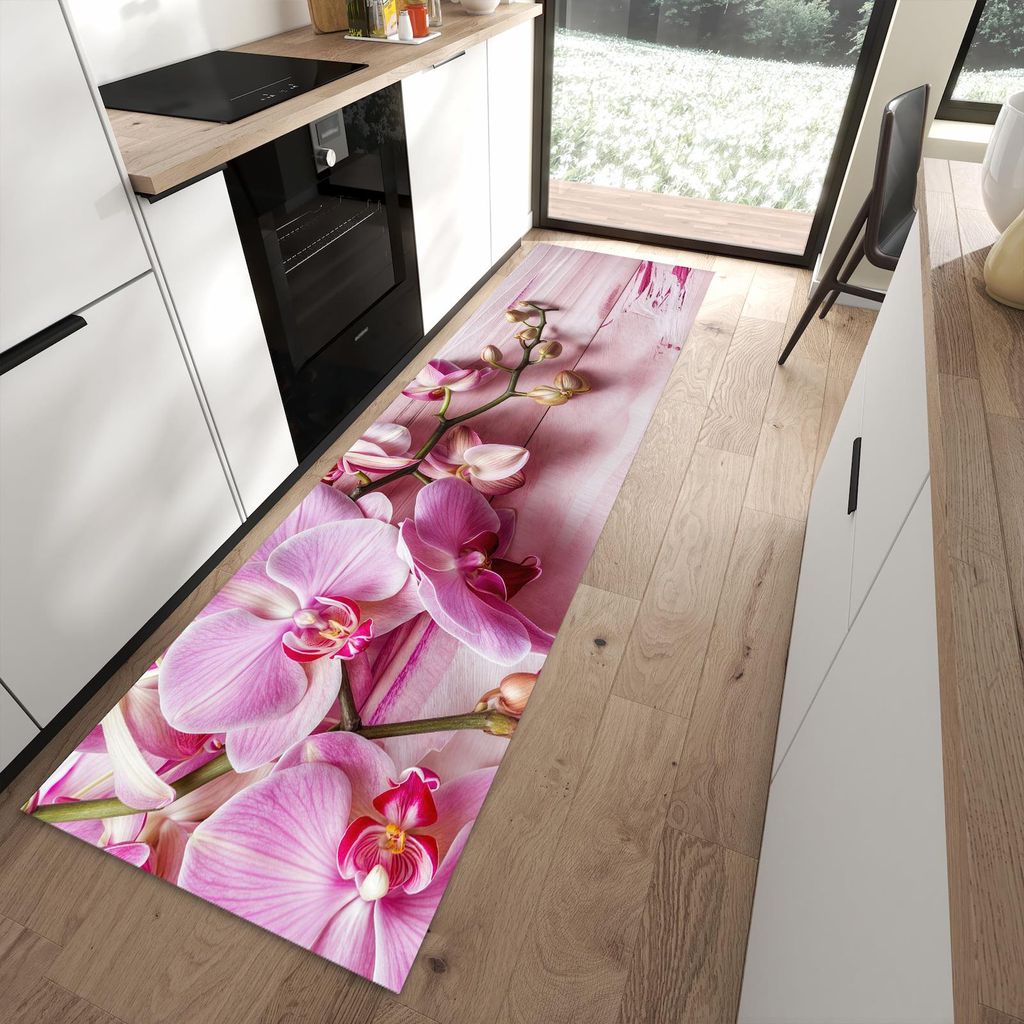 Küchenteppich 80x280cm rutschfest & abwischbar PVC Läufer - Orchideen Holz Hintergrund