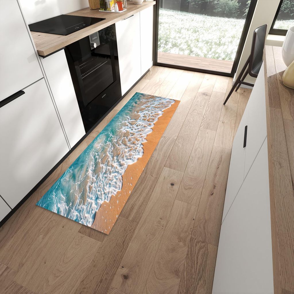 Küchenteppich 60x180cm rutschfest & abwischbar PVC Läufer - Strand und Wellen
