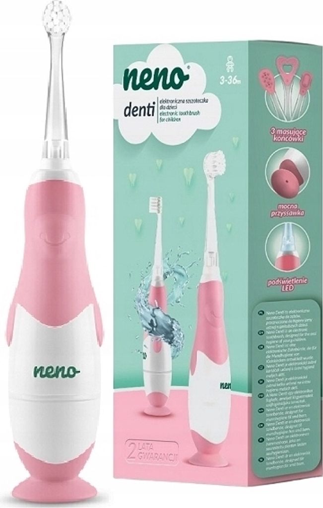 A pink and white electric toothbrush for children, presented in its packaging, with product features illustrated on the box.