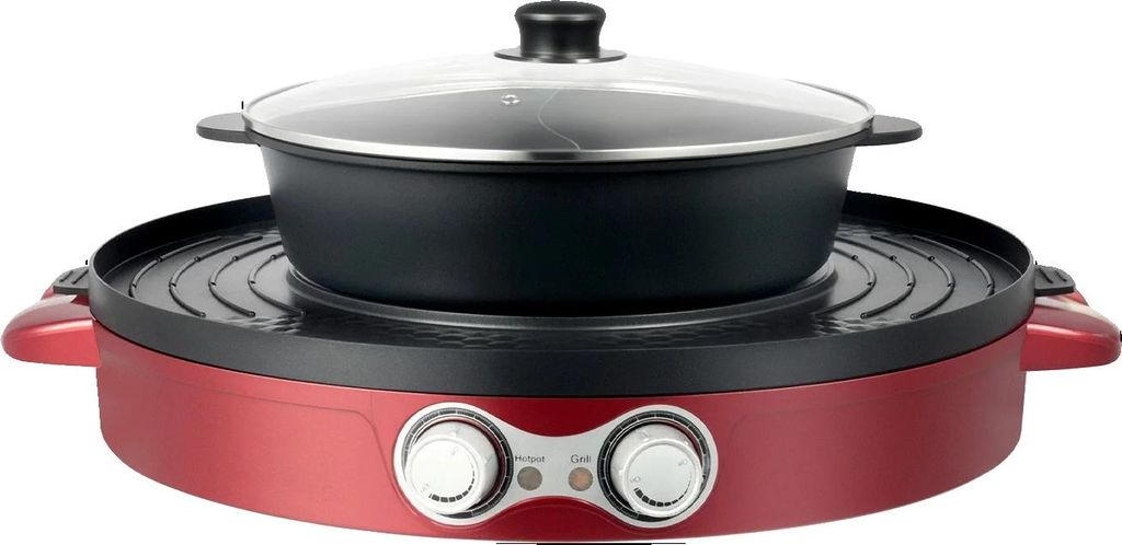 A red electric hot pot with a grill function and a glass lid is shown on a white background.
