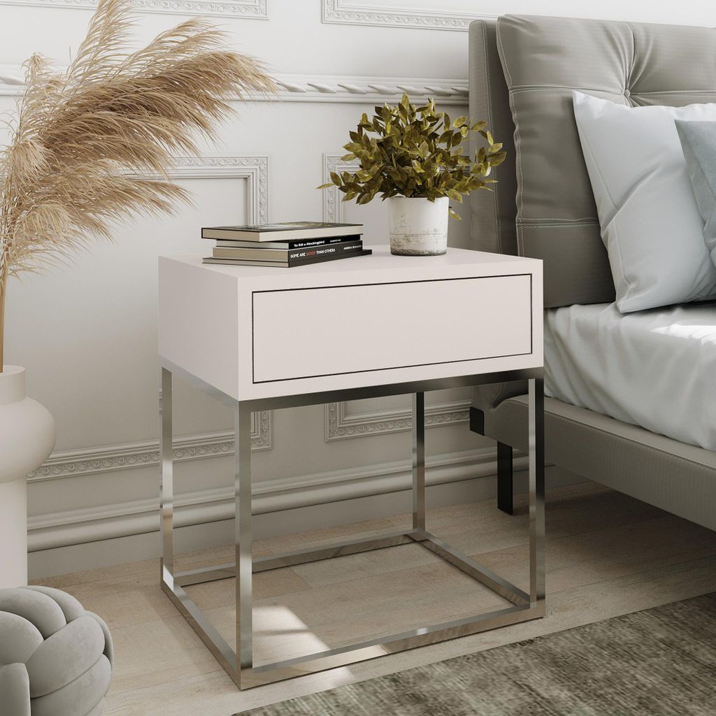 AX LIVING Nachttisch Kommode Aleio in Beige verchromtes Metallgestell