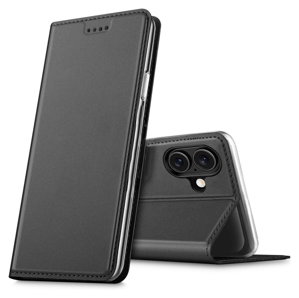 A black flip case for a smartphone is shown in a studio setting against a white background. The case is partially open, revealing the camera module of the phone inside.