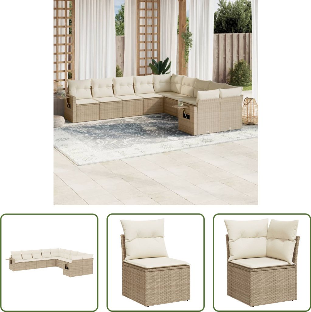 The Living Store 10-tlg. Garten-Sofagarnitur mit Kissen Beige Poly Rattan