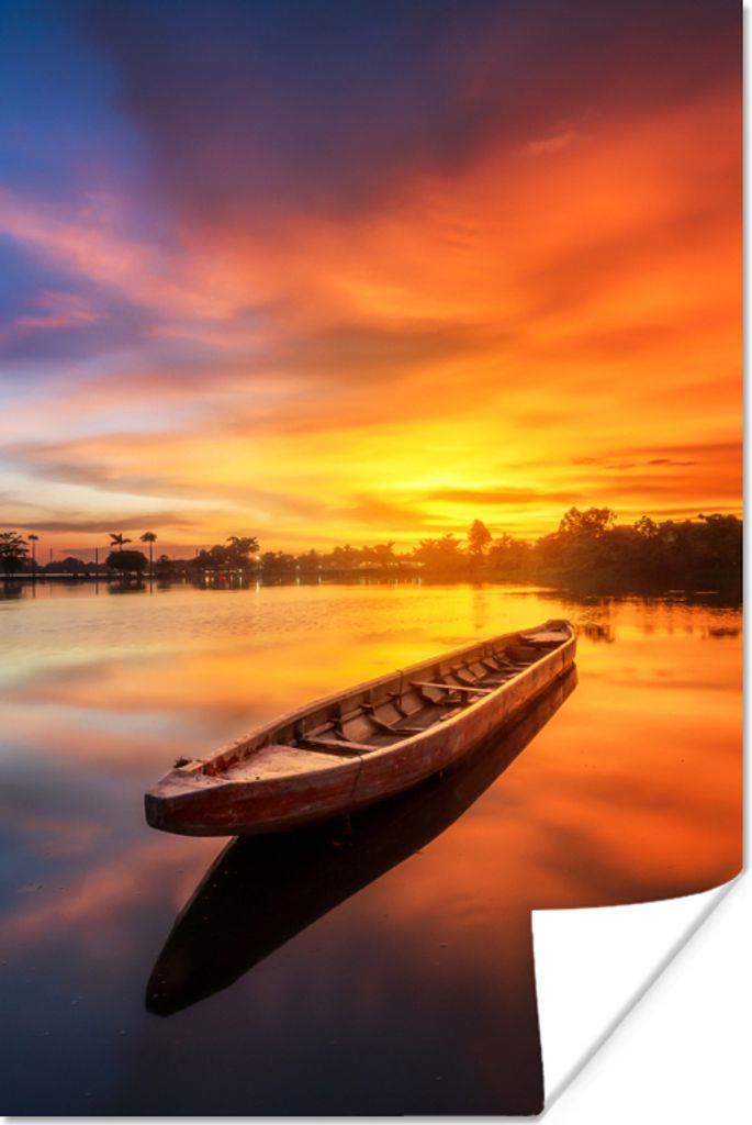 MuchoWow Poster Boot - Wasser - Sonnenuntergang - Orange - Wasser 80x120 cm - Papierdruck