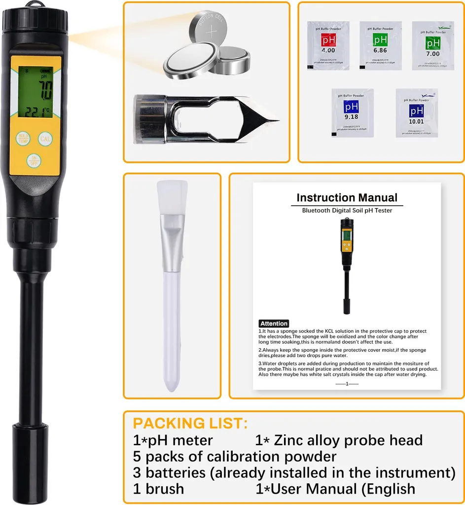 Testeur de sol connecté Bluetooth 2-en-1 : pH-mètre et thermomètre sol