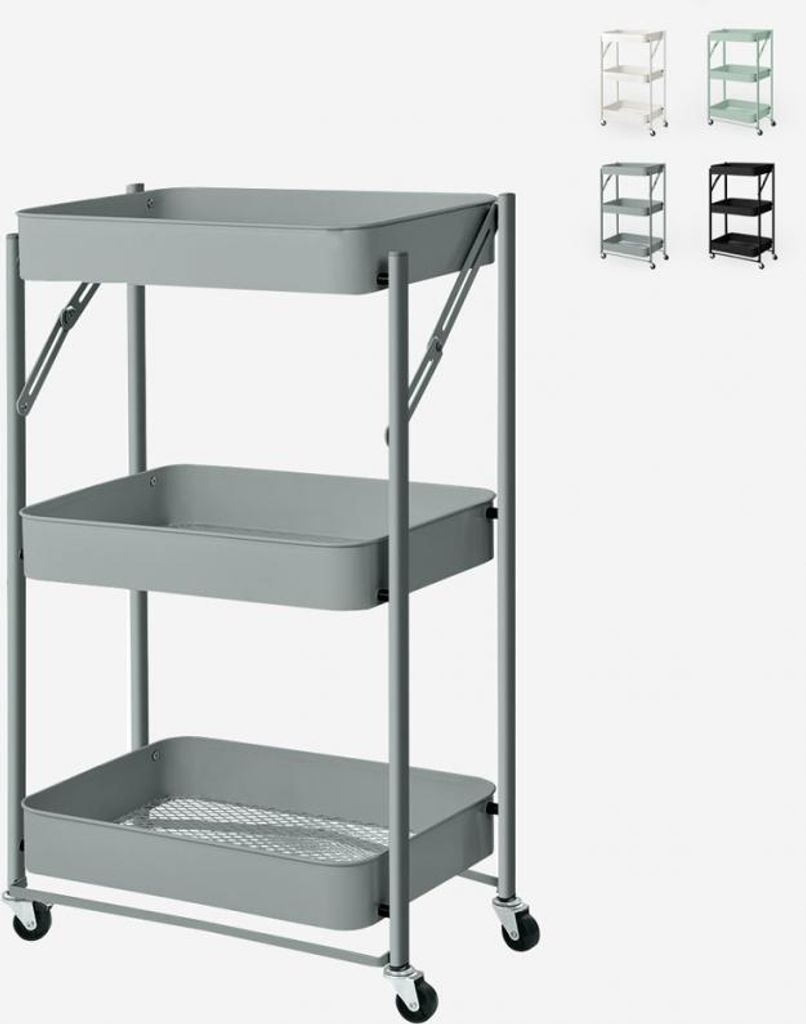 A three-tier serving cart with wheels, shown in dark gray. Several other color options are displayed in small squares in the upper right corner.