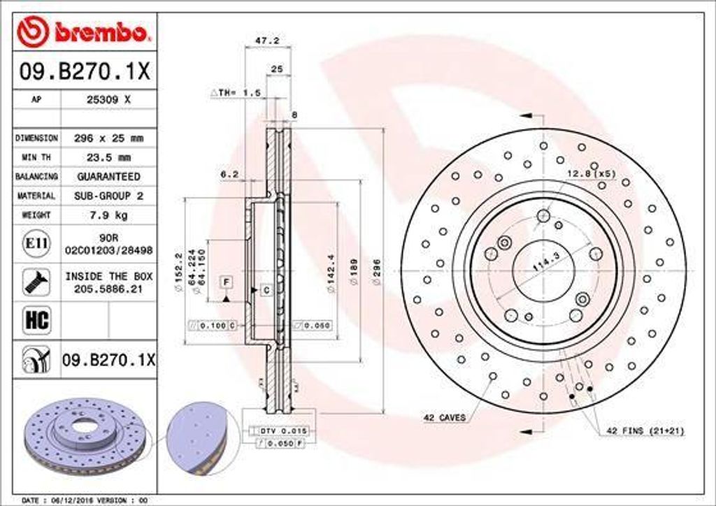 BREMBO 09.B270.1X Bremsscheibe OE 45251TL1G00 kompatibel mit Accord