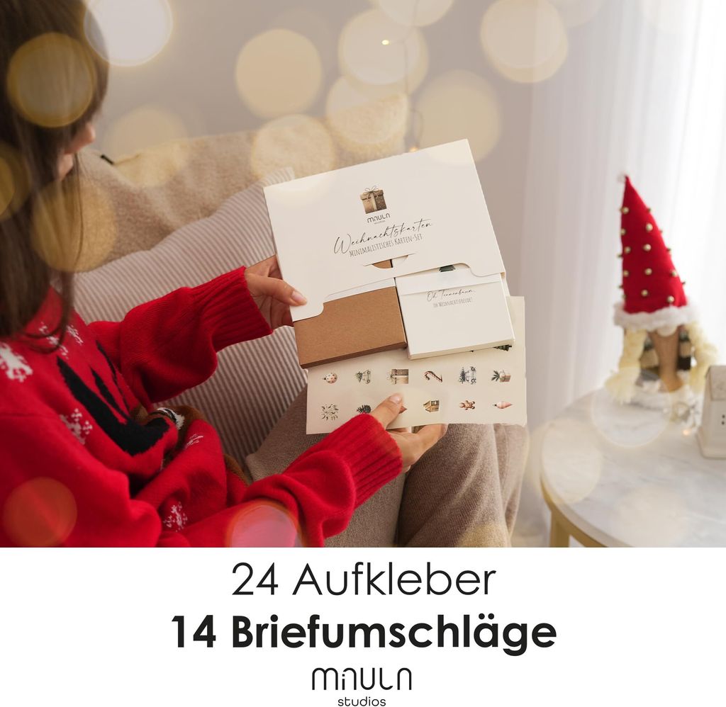 24 Weihnachtskarten Set Mit Umschlägen & Aufklebern – Kraftpapier Klappkarten, 8 Designs | Für Weihnachtsgrüße