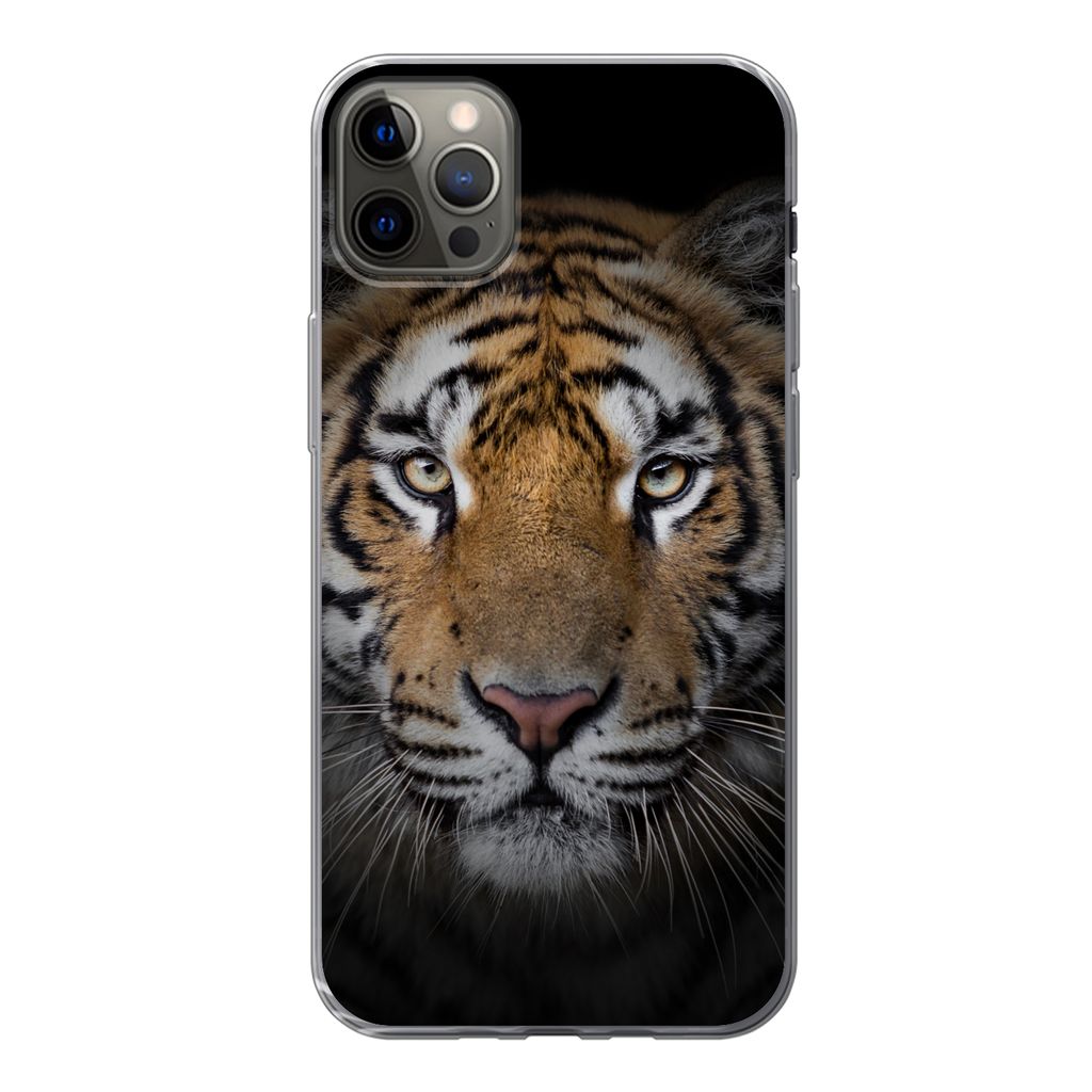 MuchoWow Handyhülle Schutzhülle Hülle für iPhone 12 Pro Max Tiger - Wildtiere - Porträt - Schwarz - Tiere Silikon Softcase Handy Hülle - Ha...