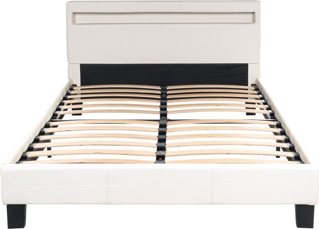 A white bed frame with a slatted base, shown from the front.