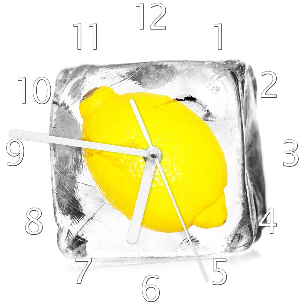 Wallario Design Wanduhr Zitrone in Eiswürfel - Eiskaltes Obst aus Echtglas, Größe 20 x 20 cm