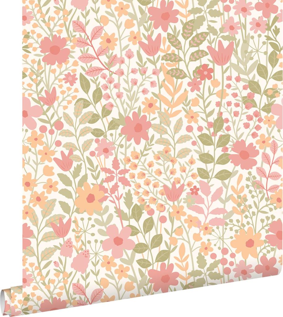 ESTAhome Tapete Blumen Rosa, Grün und Orange 50 x 900 cm