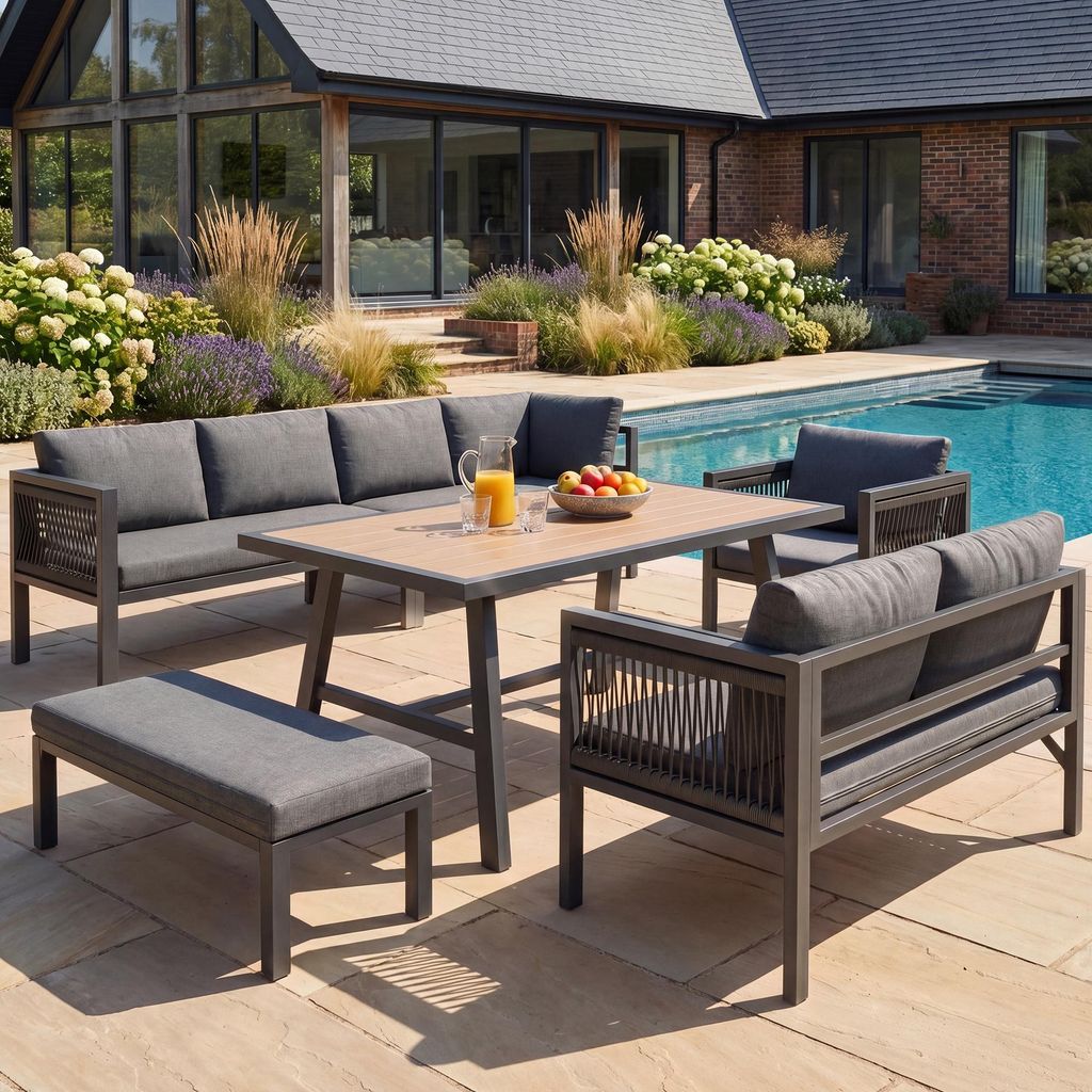 Merax 6-teiliges Gartenlounge Set, Ecksofa mit Tisch und Hocker, Gartenmöbel-Set mit wetterfestes Stahlgestell, Outdoor Lounge Balkon Terrasse, Grau
