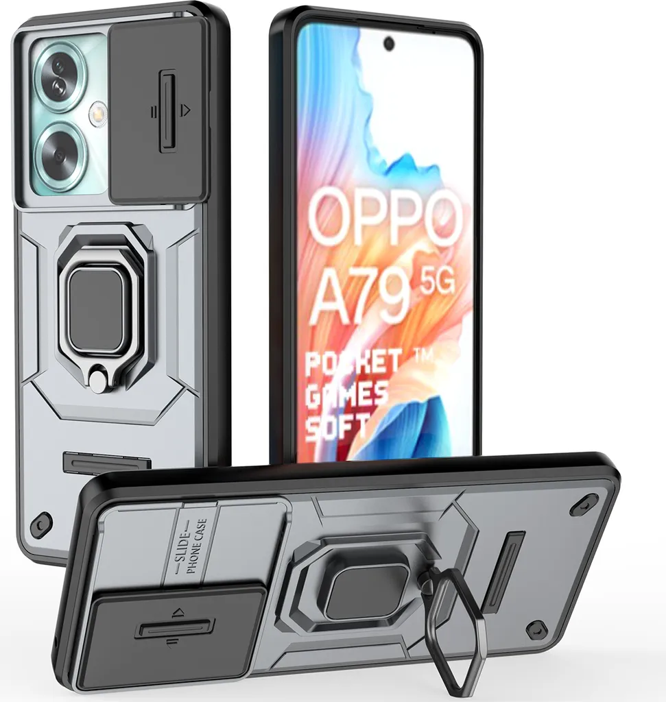Custodia Professionale Oppo A79 5G - Protezione Camera e Stand Grigio