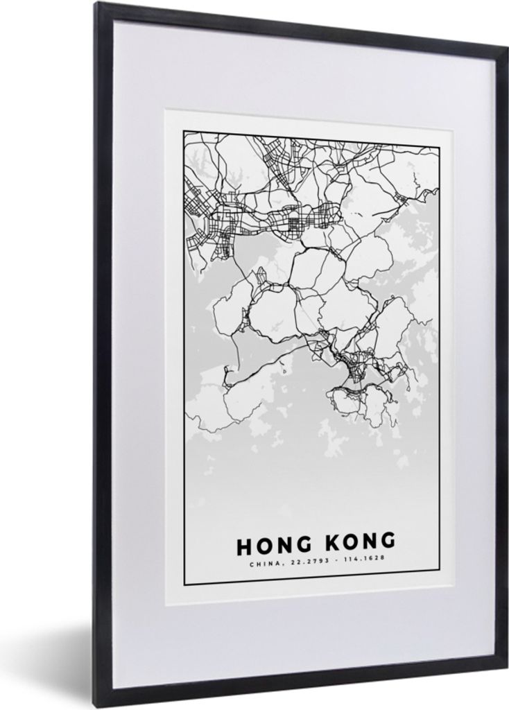 MuchoWow Gerahmtes Poster Karte - Hongkong - Schwarz und weiß - Stadtplan - Karte 40x60 cm - Poster mit Schwarzem Bilderrahmen Wandposter Rahmen...