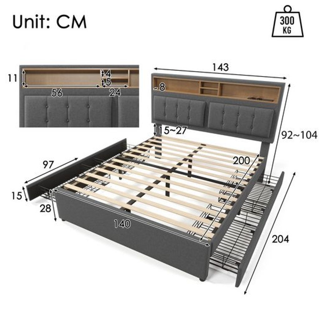 Polsterbett 140x200 mit 4 Schubladen/USB C Steckdose, Bett Höhenverstellbarem Kopfteil, Lattenrost aus Holz Doppelbett mit Matratze